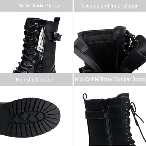 Vepose Women's 928 Military Combat Boots, Mid Calf Boots, Black, Size 8 US -with Card Knife Wallet Pocket(CJY928 Black 08) - Thumbnail 5