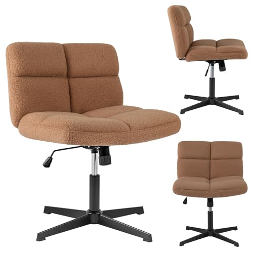 HOMASIS Silla de Oficina Ergonómica de Lana de Cordero, Sillón sin Ruedas con Rotación de 360°, Silla Ajustable en Altura y Ángulo para Estudio, Capacidad de Carga 160 kg (Marrón Claro)