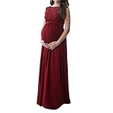 ManxiVoo Pregnant Women Lace Long Maxi Dress Sleevess Maternity Gown Photography Props Clothes (L, Wine Red)