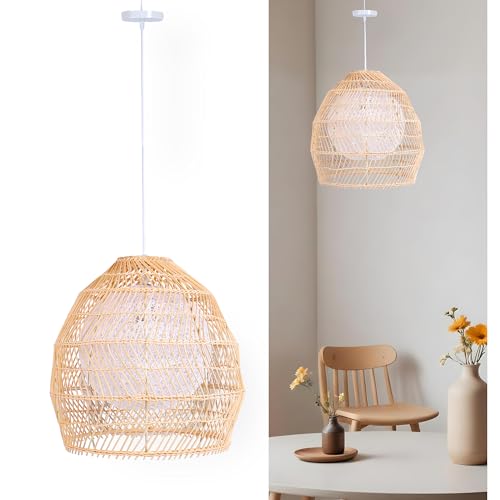 Farmhouse Chandeliers for Dining Room, 13.8" 1-Light Rattan Boho Chandelier Light Fixture with Wicker Lampshade, Coastal Hanging Pendant Lighting for Kitchen Island Bedroom Living Room Nursery