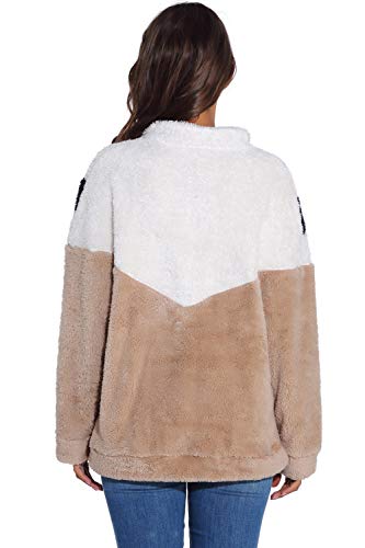 Women Fuzzy Coat Fleece Long Sleeve Zipper Colo r Block Pullover Sweatshirt Sherpa Jacket Brown M
