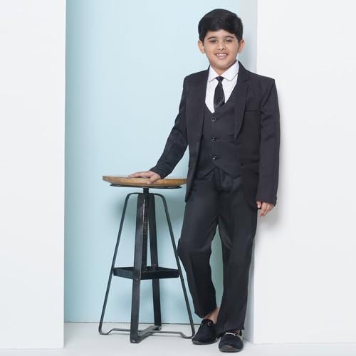 Image of AJ DEZINES Kids 5 Piece Solid Cotton Blend Coat Pant Suit Set For Boys