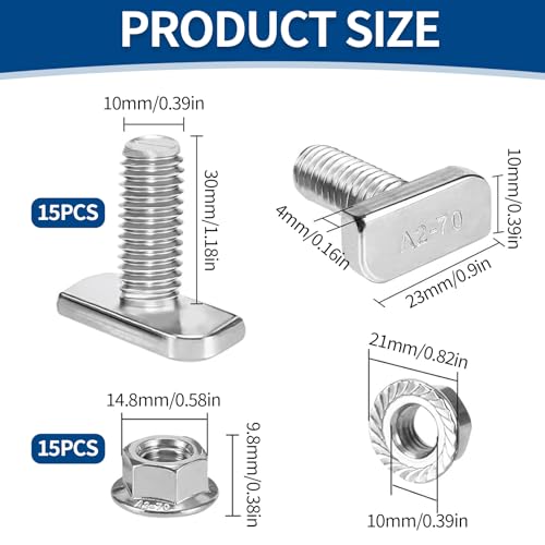 15 Stück Hammerkopfschrauben M10 x 30mm, T Schrauben 304 Edelstahl A2-70 mit Flanschmuttern Gewächshaus Schrauben für PV Solar Montageschienen Gewächshaus Photovoltaik