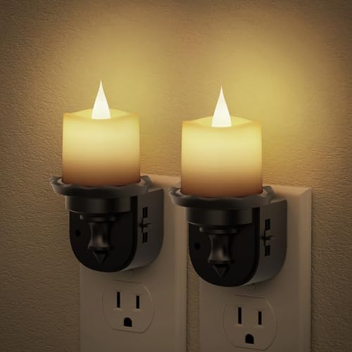 Image of JandCase Night Lights Plug into Wall, 2 Pack Flameless Flickering Electric Fake Candle Night Light with Dusk to Dawn Sensor, 3000K Soft White, 0-100LM Dimmable Nightlight for Bathroom Bedroom Hallway