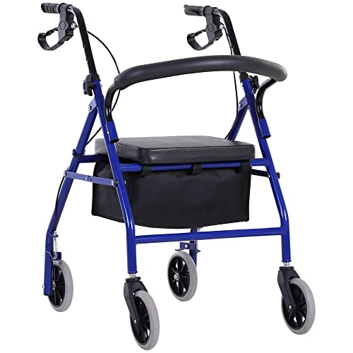 HOMCOM Andador 4 ruedas - andador plegable ligero - asiento + respaldo acolchado - asas ergonómicas, frenos de mano - cesta de almacenamiento - metal azul