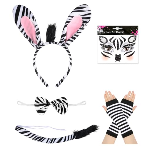 Zebra Kostüm, zebra disfarce mulher e criança, 5 peças zebra disfarce Cosplay Set, orelhas zebra diadema laço cauda de zebra rosto autocolantes pedras preciosas para carnaval Halloween animais cosplay