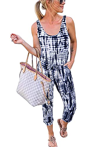 Reoria Women Summer Casual Sleeveless Tank Top Elastic Waist Loose Activewear Jumpsuit Rompers With Pockets Tie Dye Navy Blue Small #TOP1