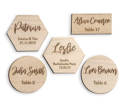 Marcasitios de boda, Nombres o texto grabado en madera, Decorativos Personalizados, Fiesta Evento Cumpleaños Tarjetas de mesa Lugar con Inscripción, etiquetas de regalo, Rectangular, hexágono, redondo