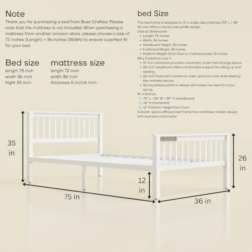 Image of Single Size Metal Bed Frame | Single Metal Bed | SingleSize Iron Bed | Single Steel Bed | Heavy Duty Platform Bed | Metal Cot | Steel Cot | No Box Spring Needed | Bedroom, Home, Hotel & Hostel(White)
