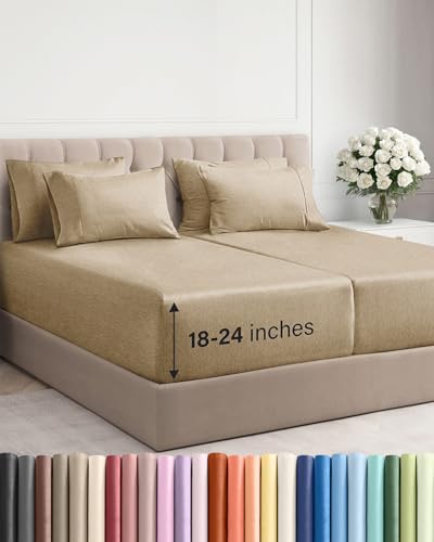 Image of Extra Deep Split King Sheet Set - 7 Piece Cooling Sheets - Heathered Tan | Hotel Luxury Bed Sheets Set, Easy & Secure Fit, Ultra-Soft, Wrinkle & Fade Free, Comfy Sheets Set with Extra Deep Pockets