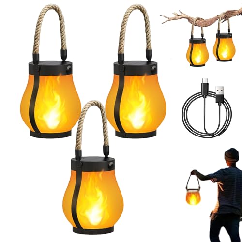 Kaliqo Solar Lantern Outdoor Lights Waterproof Solar-Powered & USB Rechargeable Outdoor Lantern with Realistic Flickering 3D Flame Boho Rope Design Dancing Flame Light for Patio Yard (3 Pcs)