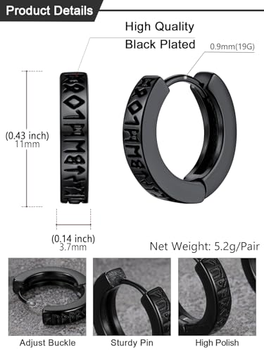 U7 Viking Hoop Earring for Men Stainless Steel/Black/Gold Huggie Hoops Earrings, Norse Viking Runes Hoop/Hexagon/Triangle Punk Jewelry Hypoallergenic Gift for Men Women4