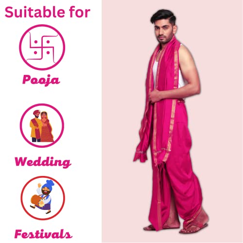 Image of Rameshwaram Fabrics Readymade Dhoti for Men, Velcro Style Stitched Mens Silk Dhoti Pant with Stole Set