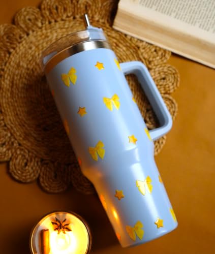 Image of 1200ML Stainless Steel Tumbler Hot and Cold with Handle and Lid and 2 Straws, Double Insulated Cup Leak Proof Mug Cupholder for Gym, Travelling (yellowbows)
