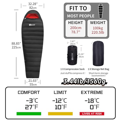 QEZER 0 Degree Down Sleeping Bag for Adults with 650 Fill Power for 27โ-0โ Cold Weather Lightweight Sleeping Bag - Image 2
