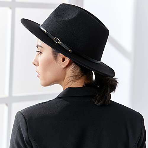 Porsyond Wide Brim Felt Fedora Hat Men Women Belt Buckle Panama Jazz Hat Trilby Hat With Leather Band (Black, M) #TOP2