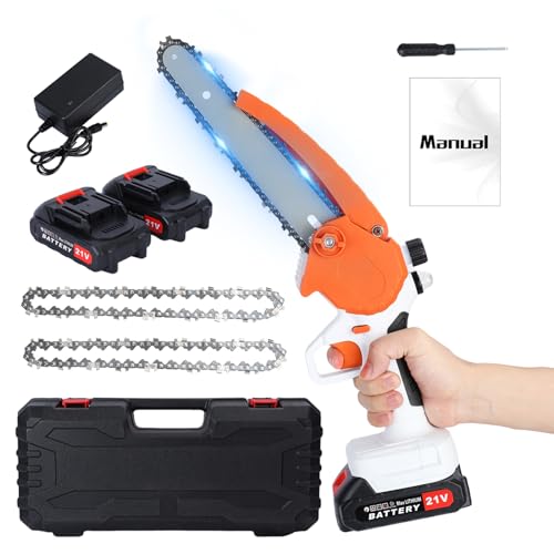 Mini Chainsaw Cordless 8 Inch, Brushless Electric Chainsaw with 2000mAh Battery & 2 Chains, Lightweight, Small Hand Held Chainsaws for Branch Tree Wood Cutting, Gifts for Women Men (Orange)
