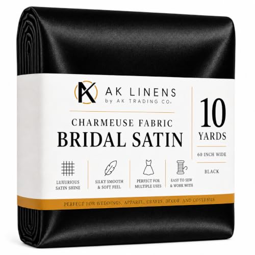 AK TRADING CO. 60" inches Wide-by The Yard-Charmeuse Bridal Satin Fabric for Wedding, Apparel, Crafts, Decor, Costumes (Black, 10 Yards)