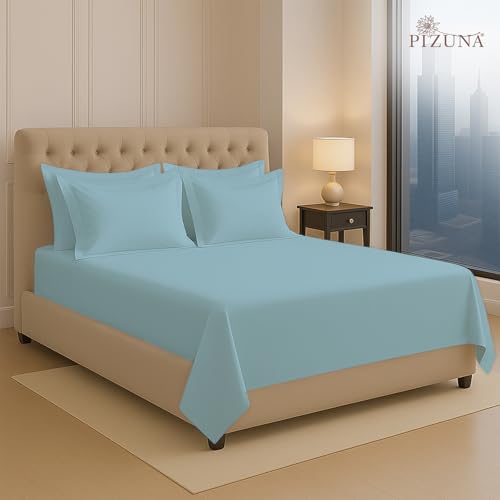 Image of Pizuna 100% Cotton Bedsheet Super King Size Baby Blue, 400 Thread Count Long Staple Combed Cotton Flat Bedsheets 108x108 Inches with 4 Pillow Covers, Bed Sheet for Super King Size Bed