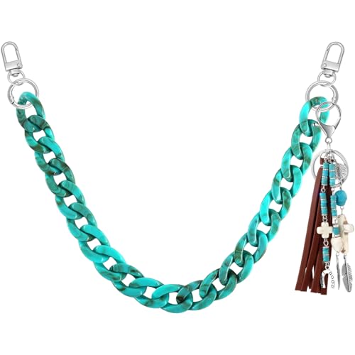 TUCEWP Turquoise Purse Chain Strap 18.2 Inch Chunky Acrylic Bag Handle Shoulder Strap Replacement with Western Cowgirl Cowboy Keychain Vintage Boho Handbag Decoration Chain Bag Accessories Charms