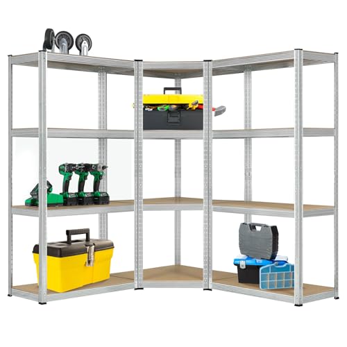 Juskys Sistema de 3 estanterías metálicas Easy | 1 estantería esquinera y 2 estanterías de Almacenamiento | 12 estantes de Madera MDF | 960 kg | Estantería para Cargas Pesadas Sistema de Encaje