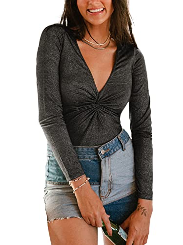 CUPSHE Damen Body V Ausschnitt Twist Front Glänzend Bodysuit Langarmbody Figurformend Bodies Shirts Unterhemd Jumpsuit Schwarz XL Cover
