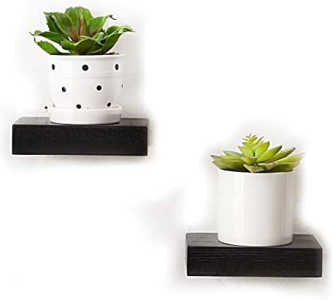 INMAN Small Oak Floating Shelves 2PC Wooden Mini Wall Mounted Shelf for Decor Plant, Little Black Display Shelf for Living Room Bedroom Bathroom