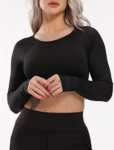 Riojoy – Camisetas femininas de manga comprida sem costura para ioga, top curto, orifício para poleg