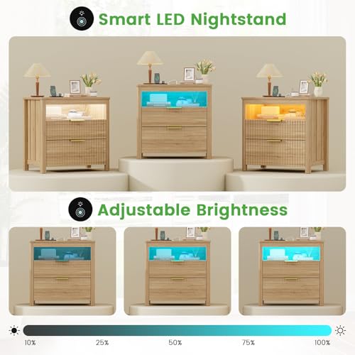Image of HNEBC Nightstand with Gun Drawer for Bedroom, Wood Night Stand with Hidden Compartment, Auto LED Lighted, Charger Station, 2 Drawer, 23.6 inch Wider Bedside Table for Dorm,Sofa,Office