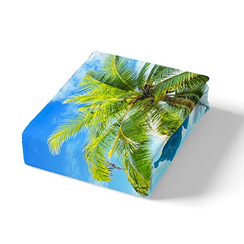 Beach Bed Sheets Queen Size Ocean Sheet Set Tropical Palm Tree Hawaii Ocean Bedding Set Sunny Beach Coastal Nature Theme Fitted Sheet Sea Wave Mountain Brown Wooden Flat Sheet 2 Pillowcases, Blue #TOP1