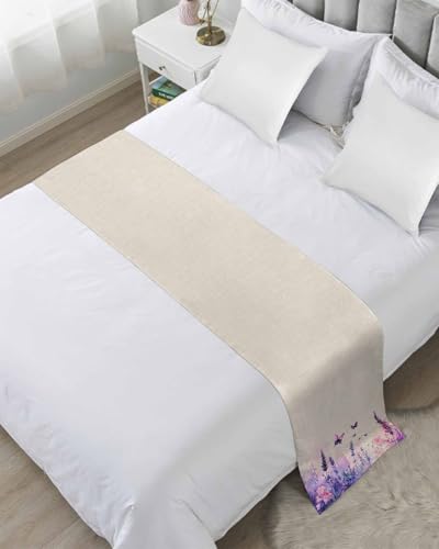 Spring Lavender Bed Runner for Twin Size, Butterfly Purple Farmhouse Floral Leaf Bedspread Protector Slipcover Bed Scarf for Foot Runners & Scarves for Bedroom Hotel Wedding Room 71x20 Inches