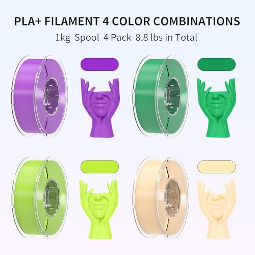 Image of RAMBERY PLA+ 3D Printer Filament Bundle 4KG, Toughness Upgraded 1.75MM 3D Printing Filament Fit Most FDM Printers，Purple /Green /Bright Green /Skin Color，1KG X 4 Spools