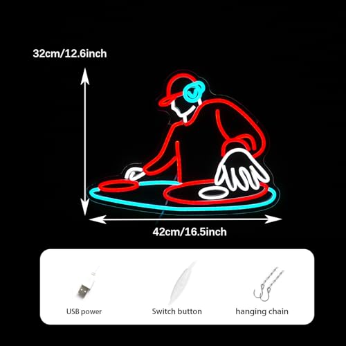 Image of DJ Player Neon Sign Bar Neon Light Wall Decor 16.5 * 12.6 Inch LED DJ Light Up Sign for Bar Club Live Music Concert Bedroom Party Neon Decor (USB Dimmable)