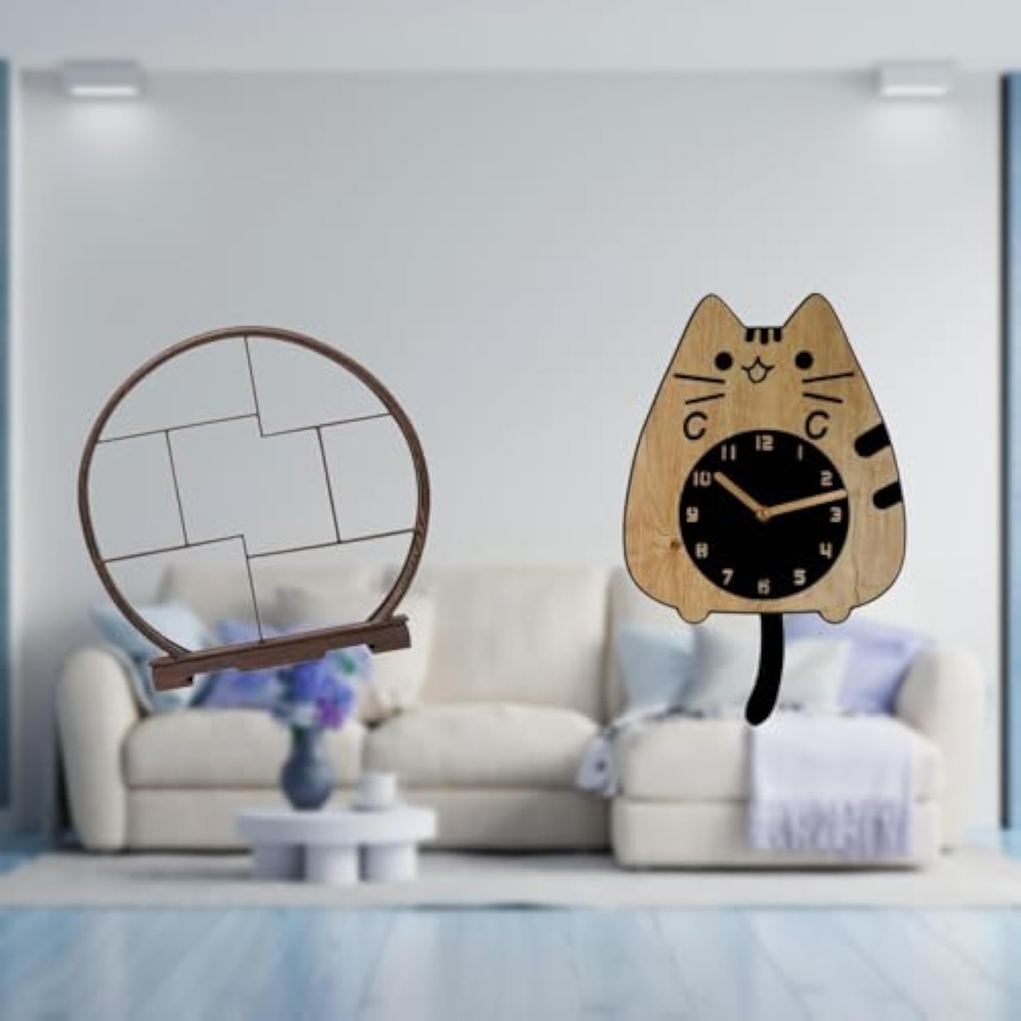 Cat Wall Clock Wooden Wall Hanging Decor for Home