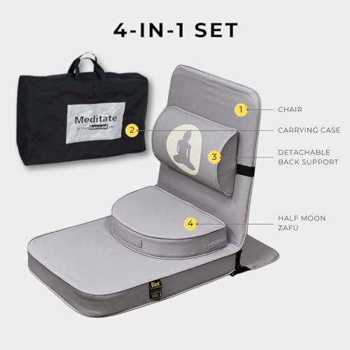 Image of Friends Of Meditation Relaxing Buddha Meditation Chair | Detachable Rectangular Back Support & Zafu Cushion | Portable Folding Chair | with Back Support | Yoga Chairs for Adults | Grey