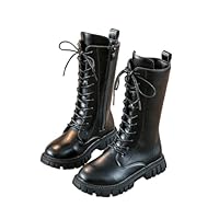 Girls Lace Up Riding Boots Mid Calf Combat Boots PU Leather Waterproof Fall Winter Side Zipper Punk Goth Boot Fashion Punk Non Slip Cowgirl Fleece Lined Solid Color 4-11 Years