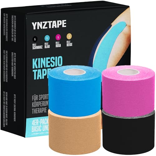 4 rollos de cinta de kinesiología (5 m x 5 cm) – Cinta de kinesiología para rodillas, hombros y muñecas – Resistente al agua, agradable a la piel y autoadhesiva, fisioterapia y apoyo muscular (azul