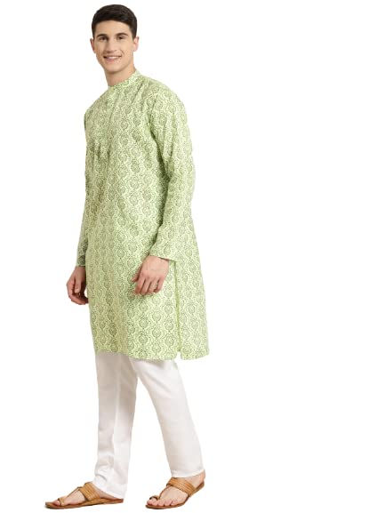 Image of SOJANYA (Since 1958 Men's Cotton Blend Navy Blue & Black Printed Kurta & White Churidar Pyjama Set