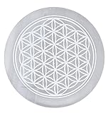 Amazing Gemstone Selenite Crystal Charging Plate For Crystals And Healing Stones, 4' Selenite Crystal Plate Engraved Flower of Life Coaster For Home, Office Table Decor (Selenite Round Disc)