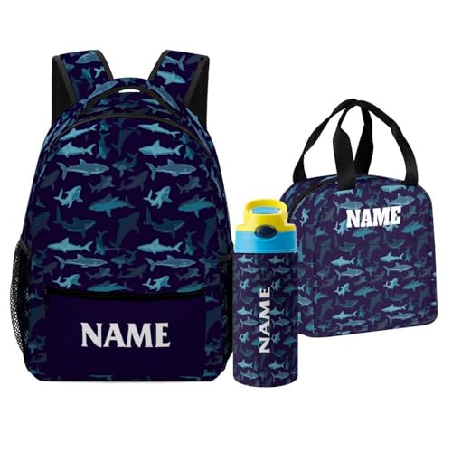 Custom Cute Shark Backpack for Kids Boys Girls Personalized Name School Bag with Lunch Bag Kids Water Bottle Customize 3Pcs Backpack Set