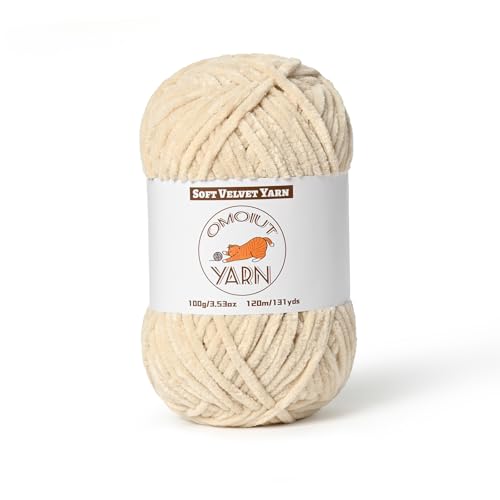 Image of OMoiut Chenille Yarn for Crocheting, Chunky Velvet Baby Blanket Yarn, Soft Fuzzy Puzzle Yarn for Knitting, 100g /3.53oz Bulky Thick Amigurumi Yarn (Beige)