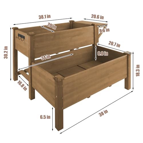 Image of ketive 2-Tier Raised Garden Bed with Legs Outdoor Elevated Garden Box,Storage Shelf,Protective Liner for Backyard,Patio,Balcony,55x42x30in (Brown)