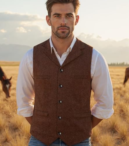 Men's Herringbone Tweed Suit Vest,Retro Men Waistcoat Formal Casual4
