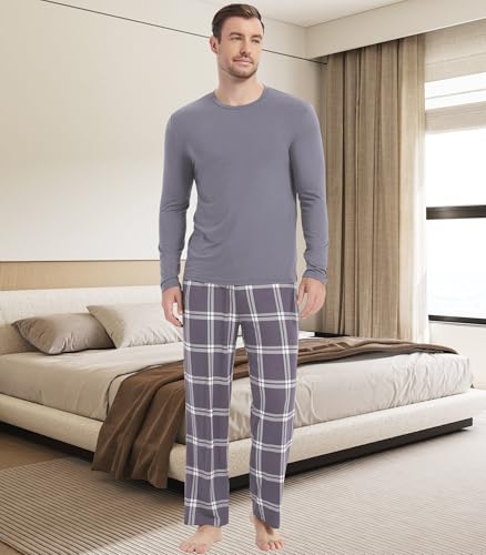 Image of NACHILA Pajamas for Men-Viscose Made from Bamboo, Long Sleeve Pajamas Set Comfy Sleepwear Pants Soft V Neck Pjs with Pockets