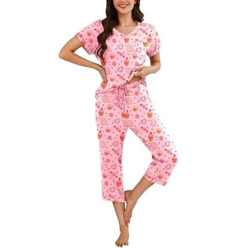 Marvmys Women's Capri Pajama Sets Short Sleeve 2 Piece Pjs V Neck Tops & Capri Pants with Pockets S-2XL Small Pink Cake