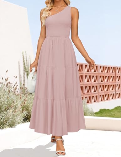 Image of ZESICA Women's 2026 Bohemian Summer Floral Print One Shoulder Sleeveless Smocked Ruffle Tiered Beach Long Midi Dress