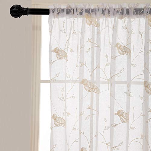 Jinlei Embroidered White Sheer Curtains For Living Room Voile Embroidery Birds And Leaf Window Curtain For Bedroom Drapes 52 X 63 Inches Rod Pocket 2 Panels Beige #TOP2