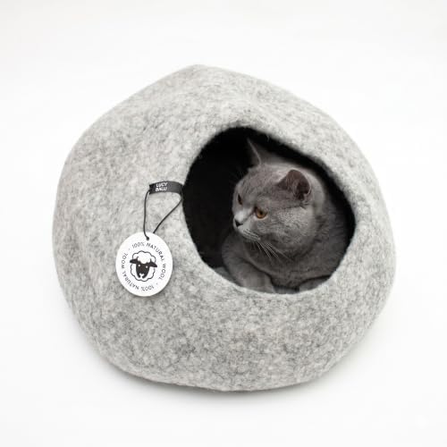 LucyBalu® Pebble Filzhöhle 100% Schurwolle – Hellgrau | Handgefilzte Katzenhöhle & Kuschelbett, atmungsaktiv, robust, aus Nepal