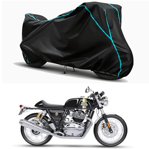 Image of Waterproof Bike Body Cover Compatible for | Royal Enfie Continental GT 650 Storm | Taffeta Fabric, Sky Piping Design, Bottom Elastic Fit | Dustproof, Sun UV & Rain Protection for All Weather.