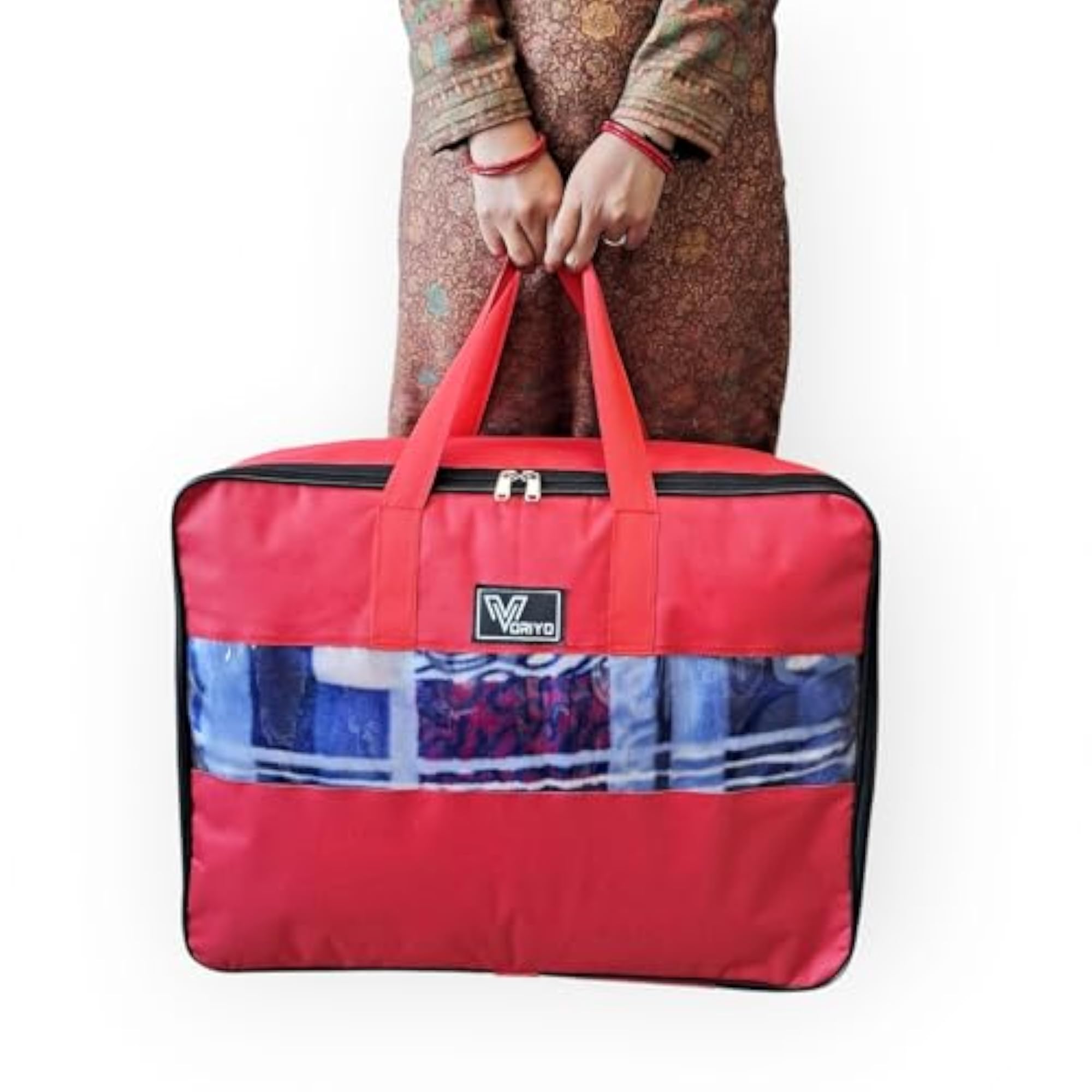 Foldable Red Duvet Cover Bag Organiser with See-Through Window